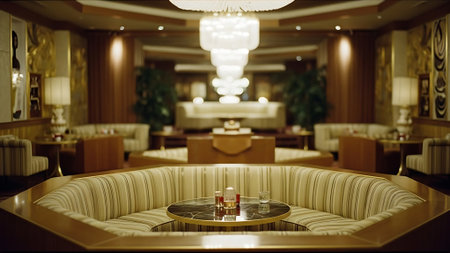 Interior of a hotel lobby with tables and chairs, shallow depth of fieldの素材