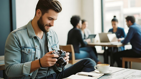 Handsome young man in casual clothes holding camera and smiling while sitting in cafeの素材