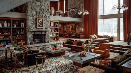 Luxury living room with fireplace, sofa, armchairs and tableの素材