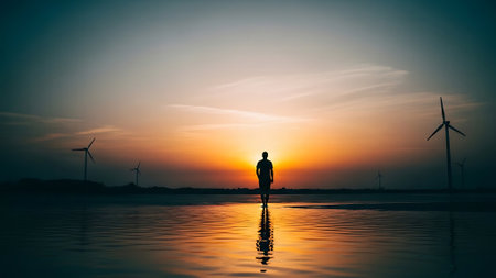 Silhouette of a man walking on the beach with wind turbines at sunsetの素材