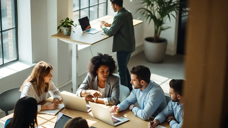 Multiethnic group of business people working together in modern office.の素材