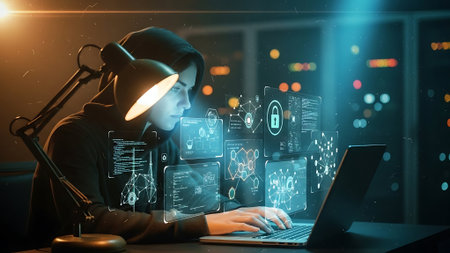 Hacker using laptop with glowing cyber security interface. 3D renderingの素材