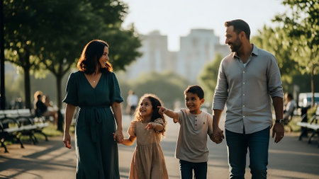 happy family holding hands and walking in park on summer day during vacationの素材