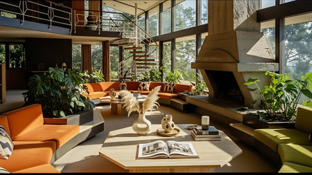 Interior of a modern living room with orange sofa, coffee table and plantsの素材
