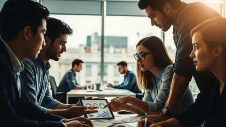 Group of young business people in smart casual wear working together in modern office.の素材