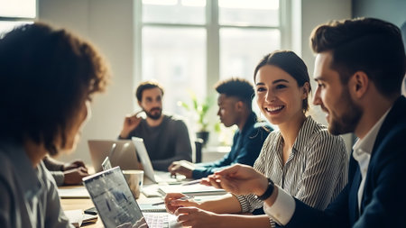 Group of young business people working together in modern office. They are sitting at the table and smilingの素材