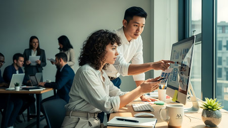 Young business people working together in modern office. Teamwork concept.の素材