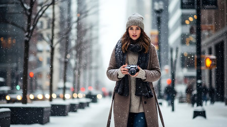 Beautiful young brunette woman in winter coat and hat with camera in the cityの素材