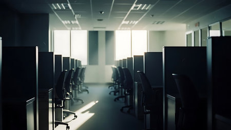 Office interior with rows of rows of black computer desks. 3d renderingの素材