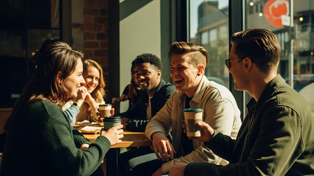 Group of multiethnic young people sitting in cafe and drinking coffee.の素材