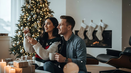 happy young couple holding christmas tree toy in living room at homeの素材