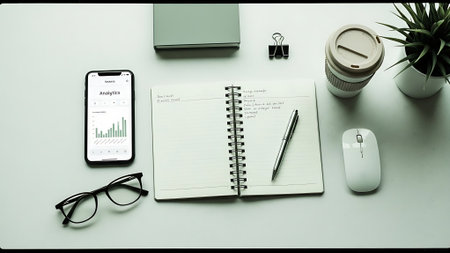 Office desk table with smart phone, notepad, pen and coffee cup.の素材