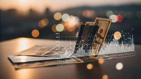 Dollars banknotes on table with city lights bokeh backgroundの素材