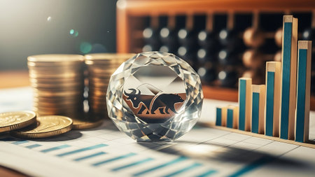Crystal ball with gold coins and financial charts. 3d rendering.の素材