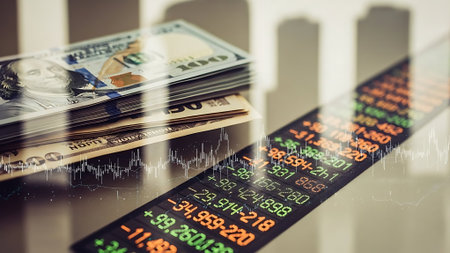 Stock market or forex trading graph and candlestick chart suitable for financial investment concept. Economy trends background for business idea and all art work design. Abstract finance background.の素材