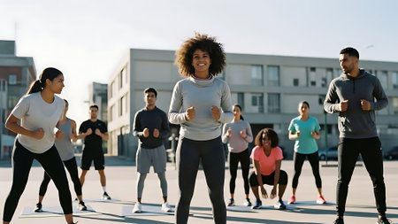 multiethnic group of young people jogging and exercising on city streetの素材