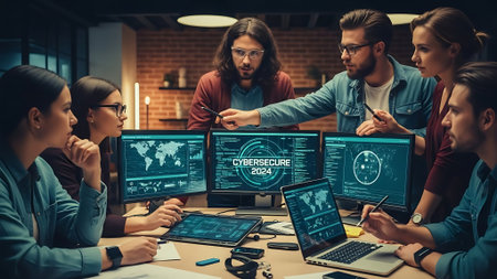 Group of young business people in smart casual wear working together in modern office. Business and technology concept.の素材