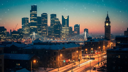 Panoramic view of Boston skyline at night, Massachusetts, USA.の素材