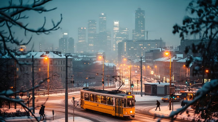 Yellow Tram on Snowy City Street at Duskの素材