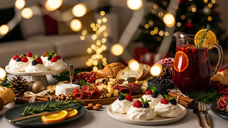 Christmas table with delicious mulled wine, berries and snacks on blurred lights backgroundの素材