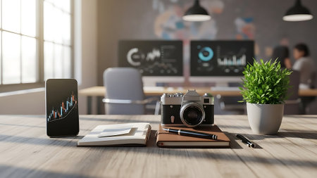 Creative workspace with camera and notebook on wooden table. 3D Renderingの素材