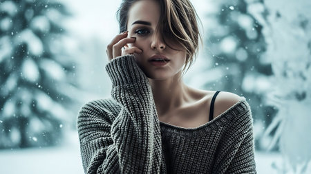 Portrait of a beautiful young woman in a knitted sweater on the background of a snowy forest.の素材
