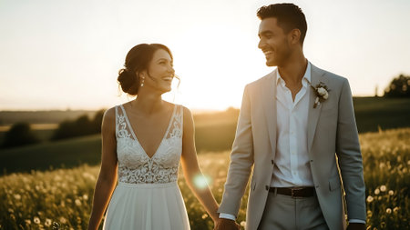 Happy bride and groom holding hands and looking at each other while standing in fieldの素材