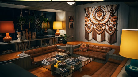 Interior of a modern living room with sofas and lampsの素材