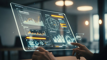 Close up of businesswoman using virtual panel with infographs in officeの素材