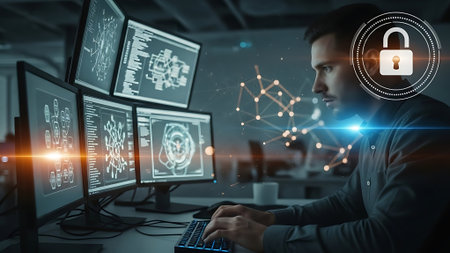 Cyber security and information protection concept. Young businessman working on computer at night in office.の素材