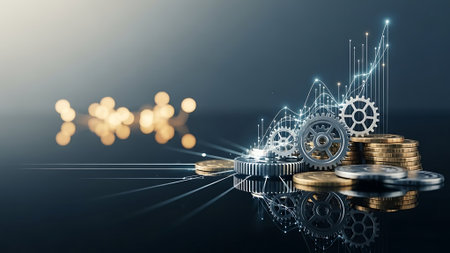 Business and finance concept. 3D illustration of coin stack with financial graph and gear wheel.の素材