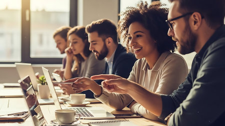 Group of young multiethnic business people in smart casual wear working together in modern office.の素材