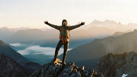 Hiker reaching the top of the mountain with his hands outstretchedの素材