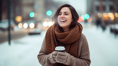 Portrait of a young woman with a cup of coffee in the cityの素材