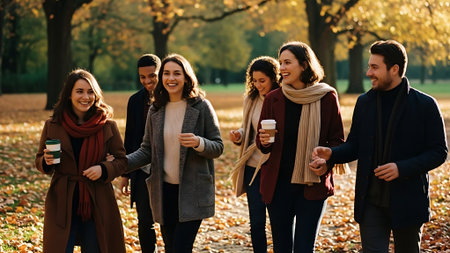 Group of happy friends walking in autumn park and drinking coffee from paper cupsの素材