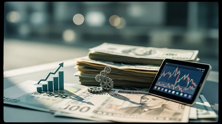 Smartphone with stock market chart and dollar banknotes on the table.の素材