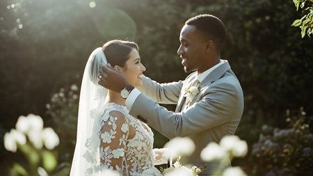 Beautiful bride and groom posing in the park on their wedding dayの素材