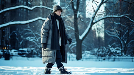 Young man in a winter park. Winter fashion. Winter clothes.の素材