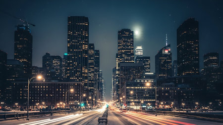 Chicago skyline at night with urban traffic and skyscrapers, USA.の素材