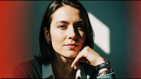 Portrait of a beautiful brunette woman in a black coat.の素材