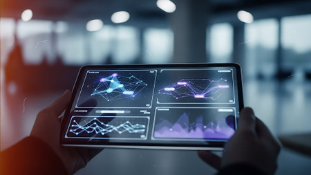 View of a Businessman holding a tablet in a futuristic interface - 3d renderingの素材
