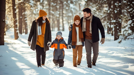 Happy family walking in winter forest. Father, mother and son having fun together.の素材