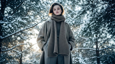 Beautiful young woman in winter forest. Fashionable girl in winter park.の素材