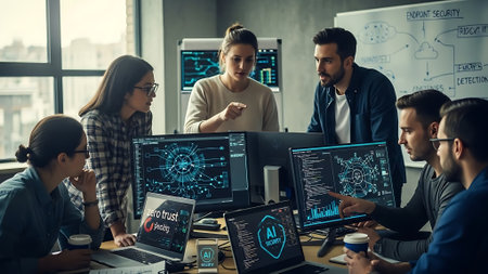 Multiethnic startup business team of software developers in smart casual wear working together on a virtual screen of a modern officeの素材