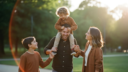 Happy family with little son in park. Mother, father and children having fun together.の素材