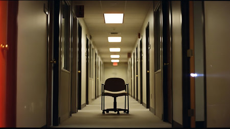 Interior of a hospital corridor with a black chair in the foregroundの素材