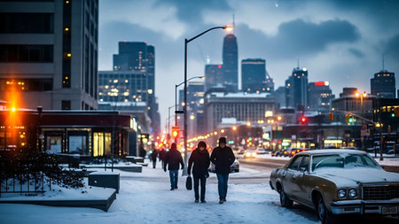 People walking on street at night.の素材