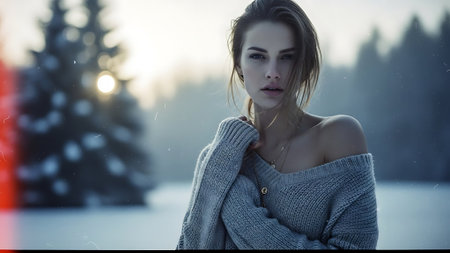 Beautiful young woman in a knitted sweater in the winter forestの素材