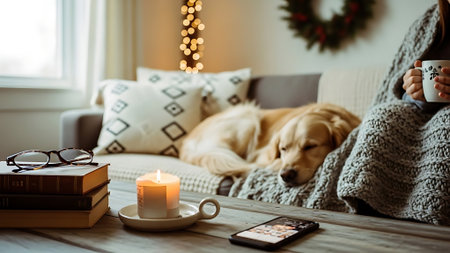 Relaxing at home. Cute Golden Retriever lying on the sofa with a cup of coffee and reading book.の素材