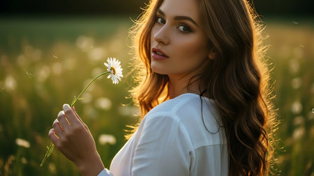 Beautiful girl with a daisy in the field at sunset.の素材